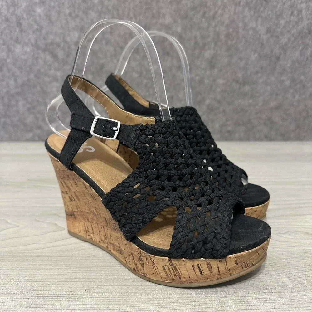 SO Taffy Womens Wedge Sandals Black Woven Upper Cork Platform Heel Size 6.5 M